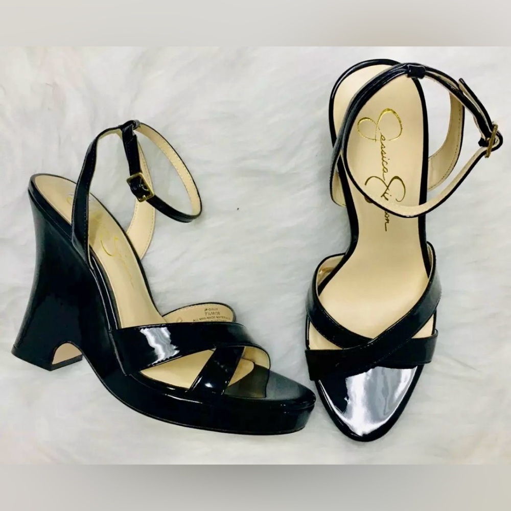 NEW Jessica Simpson OJILLY Black Patent Wedge Dress Square Open Toe Sandal 9.5